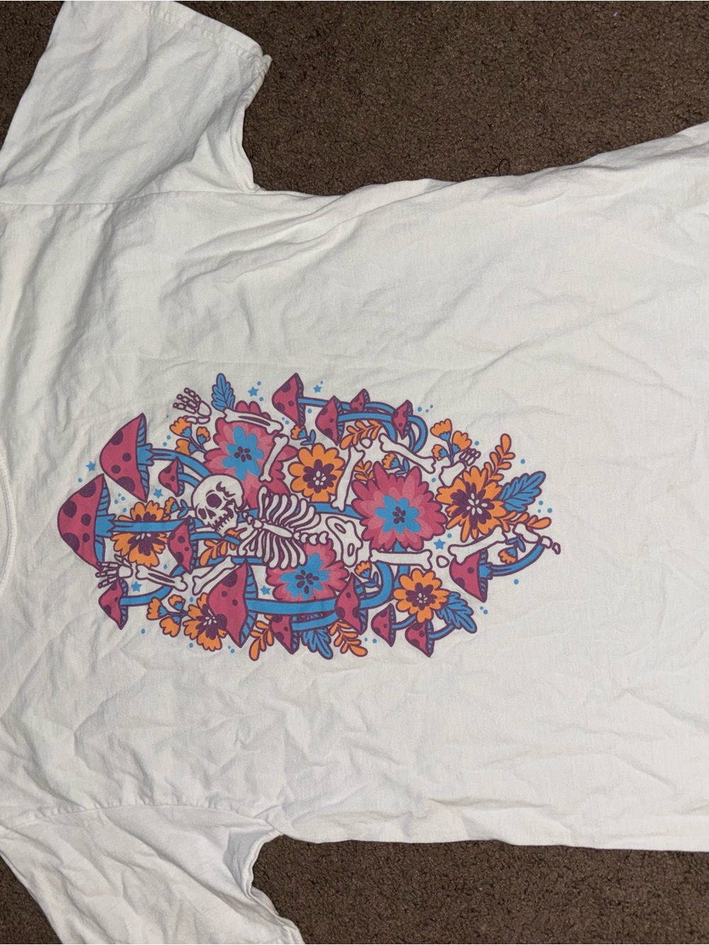 SHEIN White Graphic Tee with Pink Blue and Orange Floral Skeleton Print